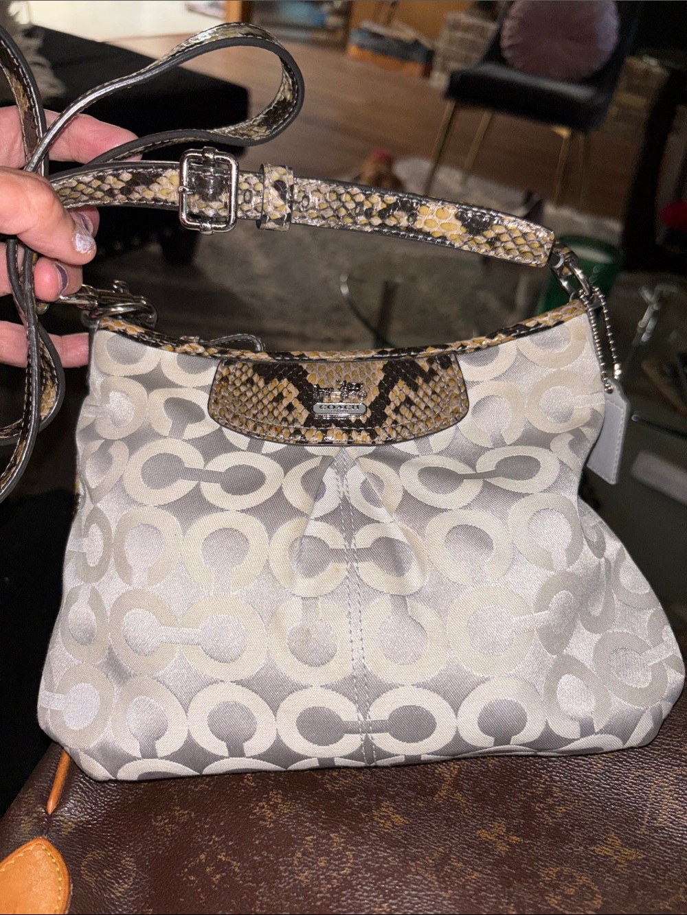 Coach Cream & Gray Signature Shoulder Bag with Snake-Print Trim